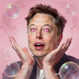 dream portrait of Elon Musk, dreamy and ethereal, expressive pose, big pink eyes, exciting expression, fantasy, intricate, elegant, many rainbow bubbles, rose tones, highly detailed, digital painting, artstation, concept art,cyberpunk wearing, smooth, sharp focus, illustration, art by artgerm and greg rutkowskiand alphonse mucha,Salvador Dali.