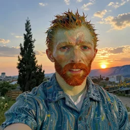 Van gogh takes a selfie for instagram. Happy. Sunset. Hyperrealistic