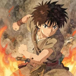 professional still frame cinematic close - up shot from appealing naturalistic young scrappy fire warrior thief in action, representational earth tones, stunning clarity experimental cut paper mixed media blotchy character shape design by masaaki yuasa, pleasing palette watercolor masterpiece
