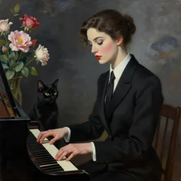 woman, dressed in black tie, fowers, dark clouds, stylish, cat play the piano, greg hildebrandt fancy oil painting high quality luxury clothes