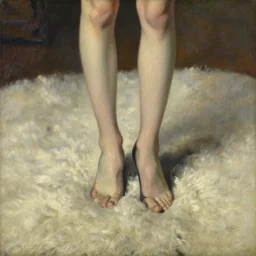 painting of a thin girls legs. she is wearing high heels and standing on a thick sheep wool rug. we cannot see her upper body. style of ilya repin