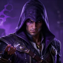 an oil art close up portrait of young man, roma dark rogue, with purple magic in style of darkest dungeon character, gipsy man rogue character design from assassin's creed, 4 k, ultra detail, volumetric lighting, unreal engine, octane render