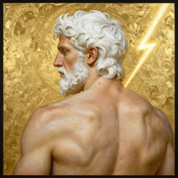 painted back portrait of rugged zeus greek god by greg rutkowski craig mullins artgerm alphonse mucha gold paint lightning bolt, white hair handsome muscular upper body mature flowing robe [ ancient greek motifs ] background fantasy intricate elegant detailed digital painting concept art artstation sharp focus illustration