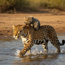 a jaguar, carrying her cub, crosses a river, national geographic style, golden hour