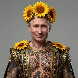 digital art, centered full body of Putin smiling king, Sunflower crown, ,intricate, veins, by James Jean and by artgerm , by ross tran ultradetailed, charachter design, concept art, trending on artstation,