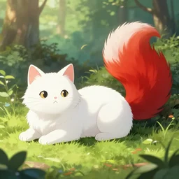 white cat with fluffy red tail like fox tail lying at sunny forest, high detailed, anime illustration, fantasy, uhd, ray tracing