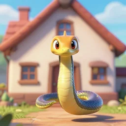 high resolution pixar 3 d picture latios the serpent floating in front of house looking at camera