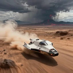 a fast space ship racing through a vulcanic desert, storm clouds and deep abyss in the background, top side view, dust cloud trailing, action shot, soft natural lighting, natural colors, angular sci - fi vehicle, motion blur, by sid mead and simon stalenhag and james gurney, intricate detail, octane render, unreal engine