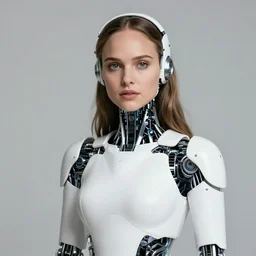 beautiful Fine art photo portrait of enraptured young Natalie Portman as a solarpunk robotic goddess, white mechanical parts with led lights, photorealistic, white background, highly detailed and intricate, sunset lighting, HDR 8k