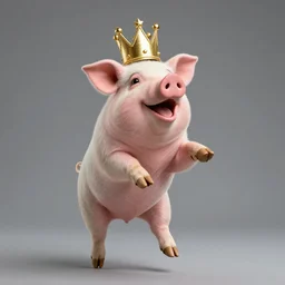 studio photograph of a happy pig wearing a gold crown depicted as a muppet, jumping, full body