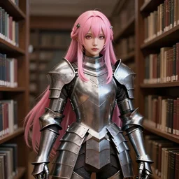 a masterpiece ultrarealistic ultradetailed photograph of a lifelike real anime girl that is dressed in steel plate armor, long pink hairs, surrounded by library shelves, photoreal image, art by wlop, photoreal, highly rendered, blender, unreal engine, readable, extremely detailed, trending on artstation, sharp focus, 4 k, by artgerm