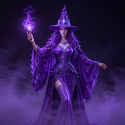 luminescent purple wizard, realistic style, female, dark background, volumetric fog, 4K