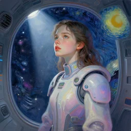 portrait of a beautiful girl inside a spaceship, staring into the galaxy, futuristic clothes, pastel colors, beautiful face, rule of thirds, spotlight, drips of paint, expressive, passionate, by mandy jurgens, by vincent van gogh, digital painting