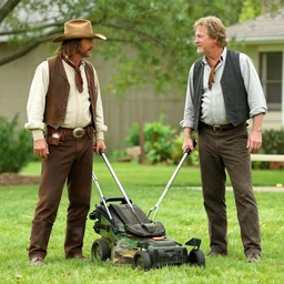 wyatt earp and doc holliday mows the lawn, kurt russell and val kilmer, hyperrealistic, volumetric golden dappled dynamic lighting, highly detailed, sharp focus, by victo ngai, artgerm
