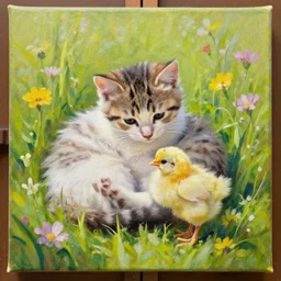 Kitten cuddling with chicks on flower meadow, sunny day, colorful oil painting on canvas