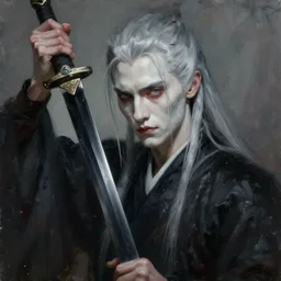 long shot, fantasy painting of a pale man with a black blade, painted by Bayard Wu, ultra detailed, 8k