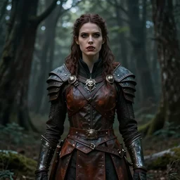 Establishing shot, dramatic atmospheric dark forest scenery, girl with vampire-fangs clad in modest hide leather armor, hyperdetailed, by Peter Mohrbacher, artstation, cgsociety, 8k
