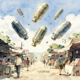 tanks falling from the sky, low angle, tatsuyuki tanaka, detailed watercolor, back lit, paper texture, movie scene, street market, people shopping, bright sun bleached ground , spot light, texture, brown cobble stones, dust, overhead wires, telephone pole, dusty, dry, pencil marks, hd, 4k, remaster, dynamic camera angle, deep 3 point perspective, fish eye, dynamic scene