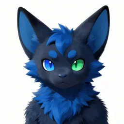 a blue - and - black male catbat fursona ( from the furry fandom ) with blue / green heterochromatic eyes ( one blue eye, one green eye ) and huge bat ears, photo portrait