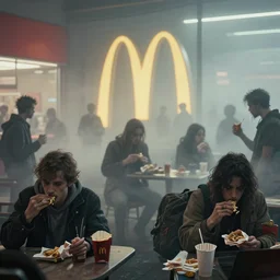 Crowd of distopic people eating in mcdonalds by Alex Horley , ortographic, volumetrig fog