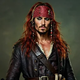 portrait painting of a 3 0 years old rugged masculine muscular male seductive pirate winking long long hair soft hair flowing hair crimson hair upper body only chest hair long coat elegant rugged handsome unreal render cinematic lighting art 1 9 2 0 period drama by bussiere rutkowski andreas rocha