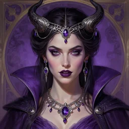 portrait of riley keough as a vampire queen, jewelry, greek, purple, intricate, headshot, highly detailed, digital painting, artstation, concept art, sharp focus, cinematic lighting, illustration, art by artgerm and greg rutkowski, alphonse mucha, cgsociety