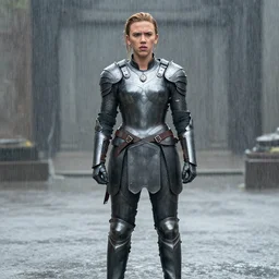 scarlett johansson with angry expression wearing wet armour in pouring rain. depth of field effect, full body pose, dramatic lighting, afro samurai anime style, pencil and ink manga drawing, in a post apocalyptic city street