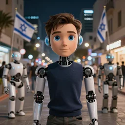 night tel aviv streets, software developer of greatest ai stay with futuristic robot and looking for new job, photorealism, face claver, detailed, big eyes, robots anywhere, tel aviv, menora, magen david, hi tech, flag of israel