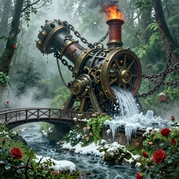 large mechanical device meticulously grinding down the truth and enslaving humanity, ornate, beautiful, atmosphere, vibe, mist, chains, fire, chimney, rain, wet, fbi, cia, puddles, melting, dripping, snow, creek, lush, ice, bridge, green, forest, roses, thorns, flowers, by stanley artgerm lau, greg rutkowski, thomas kindkade, alphonse mucha