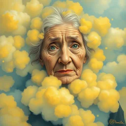 maximalist old ukrainian woman!!!! fully covered in yellow and blue clouds!!!, disarming, enchanting, fragile, hopeful, cloudcore, portrait, gapmoe yandere grimdark, trending on pixiv fanbox, by kim keever, painted by makoto shinkai takashi takeuchi studio ghibli, akihiko yoshida