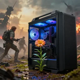 a flower growing out of a gaming pc in the middle of a battlefield 4 by simon stalenhag and robbert sammelin and eric persson, 4 k, hd wallpaper, hdr, tonemapping, detailed, atmospheric, majestical lighting, saturated, wet