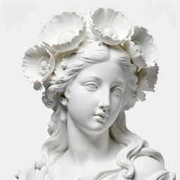 full head and shoulders, beautiful female porcelain sculpture, baroque, all white features on a white background, delicate facial features, white eyes, white lashes, detailed white 3 d giant poppies on the head