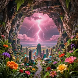 an ultra - realistic massive volume cave : 5, bright coloured natural flowers and ferns : 1 a miniature tiny futuristic city : 3, overlooking an endless plain with pink lightning clouds : 2, highly symmetrical, balanced, octane render, in the style of sahm : 3 hd, 4 k, ultra - realistic, in unreal engine
