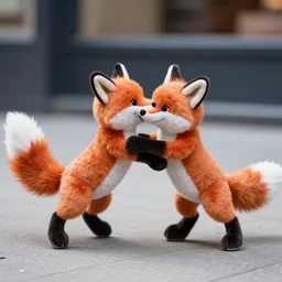 two fox! plushies! playfully wrestling on the sidewalk, dynamic, motion blur, 1 / 4 shutter speed, award winning photography