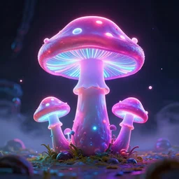 A realistic detailed photo of a neon mushroom, neon particles, neon lights, neon mushrooms, alien ground, neon fog, light particles, detailed light, realistic shaders, trending on artisation, detailed textures, detailed, realistic.