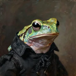 a head - and - shoulders portrait of an anthropomorphic amazon milk frog looking off camera wearing a black frock coat, an american romanticism painting, a portrait painting, cgsociety, soft focus, oil on canvas