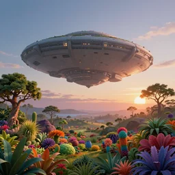 giant starship in the sky, sunrise in alien planet, full of vegetation, colourful plants, trees, vibrant colours, beautiful matte painting, dreamy, high detail, matte painting, artstation, in the style of martin johnson heade and roger dean