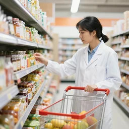 a scientist in a lab coat shopping for groceries