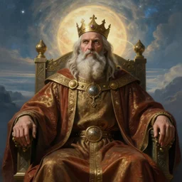 a portrait of wisened philosopher king (an absolute monarch of his ancient european kingdom) resides on his throne, his gaze transfixed on the horizon of infinity, his mind contemplating eternity, highly detailed hyperrealistic DnD portrait by Raffaello Ossola and Ross Tran and Zdzisław Beksiński, stunning detail, 8k, 4k