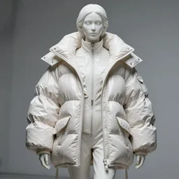 well lit fashion shoot portrait of extremely beautiful female marble statue wearing huge over size puffer jacket by dingyun zhang, yeezy, balenciaga, vetements, the statue is made of white marble, white hair, white face, zippers, straps, pockets, futuristic outerwear, a cold wall, sharp focus, clear, detailed,, cinematic, detailed, off white, glamourous, symmetrical, vogue, editorial, fashion, magazine shoot, glossy