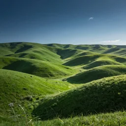 a beautiful photograph of green rolling hills, blue sky,
