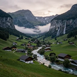 beautiful valley with a river and villages between mountains, misty waterfalls flow from the mountains, during dawn in austria, ultra realistic!!!, professional photograph, deep focus, high detail, realistic colors, matte, wide angle, overview