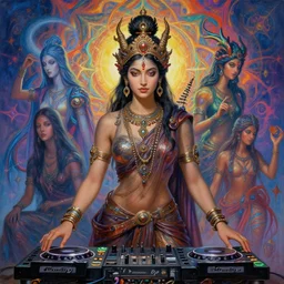 sublimely attractive hindu kali, adorned with technology, dj, female goddess dragon born assassins of the mystic unity, fine leather draped over form, hindu see through clothing, psychedelic fractal background, illustrative character design, concept art, tales of earthsea, sky witch, colorful, matte painting, soft illumination, painting by gaston bussiere, craig mullins, j. c. leyendecker, tom of finland