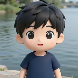 cute anime boy standing by a large river,detailed face,detailed eyes,pink lips,upturned nose, digital art , highly detailed , high contrast, beautiful lighting, award winning , trending on art station, photorealistic, 8k