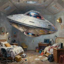 classic oil painting, a flying saucer ufo spacecraft, inside a cluttered bedroom, highly detailed, digital illustration, concept art, smooth, sharp focus, art by tim hildebrandt, and greg hildebrandt