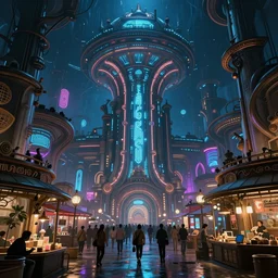 concept art, massive retro - futurist ornate exotic market, dramatic neon lighting, glowing industrial motifs, blue accents, bladerunner, by gerald brom, james jean, syd mead, akihiko yoshida, cinematic