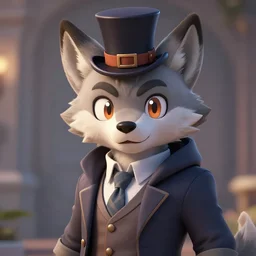 exactly 1 character, fursona of wolf, gentleman with happy face, with top hat in, digital art, unreal engine 6, ray tracing, high detail, deviantart