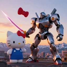 giant human shape robot fighting with a laser sword a giant hello kitty mecha inside tokio, sunset, snow mountains in the background, sci fi hyper realistic, 4 k hdr