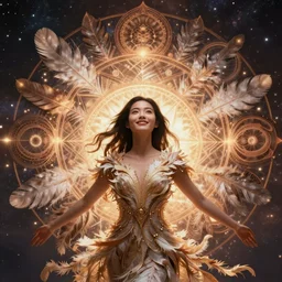 ecstatic beautiful young asian woman, several layers of 3 d feathers fractals radiating behind with sacred geometry, cosmic, natural, awakening, symmetrical, in the style of ernst haeckel, effervescent, warm, photo realistic, epic and cinematic