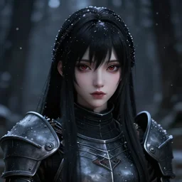 focus face portrait of beautiful darkness 3D anime girl as knight, dark forest background, snowing, bokeh, inspired by Masami Kurumada, digital painting, high contrast, unreal engine render, volumetric lighting, high détail